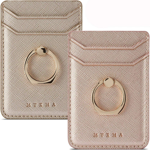 BIAJIYA Cell Phone Card Holder RFID Ring Stand Stick on Wallet Pu Leather Card Holder for Back of Phone for iPhone Android and All Smartphones (Ro...
