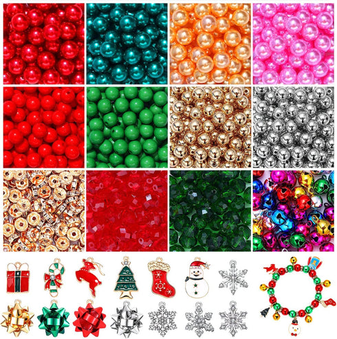 700PCS Christmas Beads Charms for Jewelry Making, Assorted Red Green Beads with Crystal Beads, Spacer Beads, Jingle Bells and Xmas Charms for Brac...