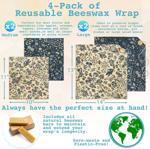 4-Pack Reusable Beeswax Wraps with Produce Bag & 2 Beeswax Bars...