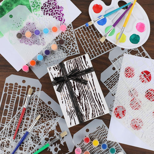 12 Pcs Texture Stencils, Mixed Midea Stencils for Painting, Painting Stencils for Crafts Reusable, Leopard Brick Dot Music Brick Layering Stencils...