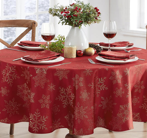 Newbridge Fancy Metallic Snowflake Christmas Fabric Tablecloth, 70 Inch Round, Red Gold, No-Iron Soil Resistant Sparkling Snowflakes Woven Holiday...