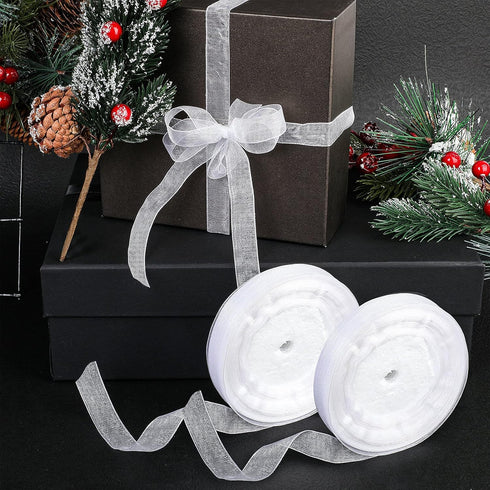 WILLBOND 98 Yards 5/8 Inch White Sheer Organza Ribbon for Gifts Wrapping Organza Satin Chiffon Ribbon for Wedding Bouquet, Christmas Decoration, C...