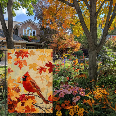 Fall Cardinal Garden Flag, Thanksgiving Red Bird Maple Leaf Garden Flag, Autumn Yard Home Decor Welcome Flag, 12x18 Inch Double Sided Burlap, Outd...