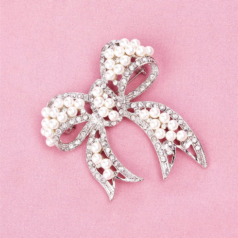 Nicole Miller Silver White Round Pearls Ribbon Clear Rhinestones Brooches and Pins...
