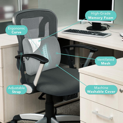 SAMSONITE Lumbar Support Pillow for Office Chair and Car Seat, Perfectly Balanced Memory Foam, Versatile Use Lower Back Cushion, Gray...