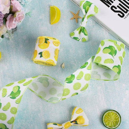 Whaline 2 Rolls Summer Lemon Wired Edge Ribbon 12 Yard Yellow Green Lemon Pattern Ribbon Summer Spring Fabric Decorative Craft Ribbon Roll for Gif...