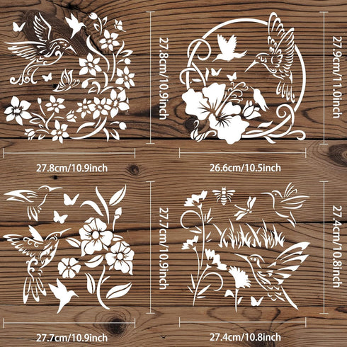 FINGERINSPIRE 4 Pcs Hummingbird Flowers Stencils 11.8x11.8inch Large Size Bird Floral Bee Dragonfly Butterfly Drawing Stencils Reusable Mylar DIY ...