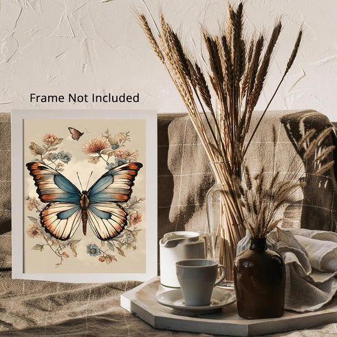 Posterizer 1 pcs- Blue and orange butterfy with wild flowers-Art for Animal Lovers-Floral Botanical Art- Gift for Men Women Teens-Living Room Bedr...