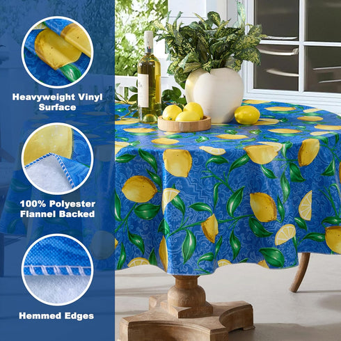 Newbridge Round Vinyl Tablecloth, 70 Inch, Mediterranean Zest Vinyl Flannel Backed Table Cloth, Lemon Print...