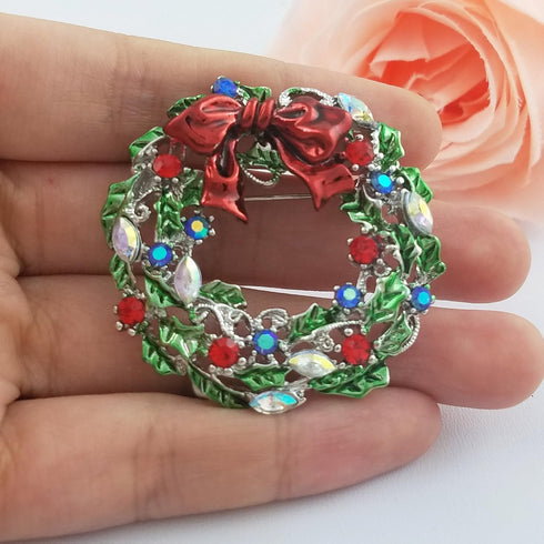 SELOVO Silver Tone Wreath Green Red Austrian Crystal Round Brooch Pin...