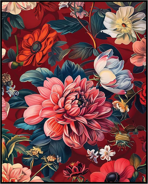 Posterizer 1 pcs-bright blush pink red flowers-retro red background-Floral & Botanical Art-Abstract & Modern Art-Decor for Home & Office- UNFRAMED...