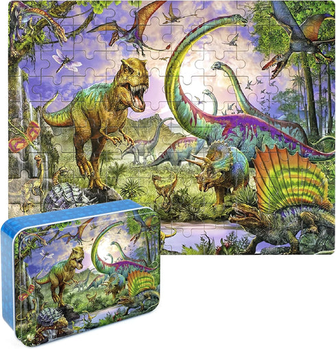 LELEMON Puzzles for Kids Ages 4-8,Dinosaur 100 Piece Puzzles for Kids,Educational Kids Puzzles Jigsaw Puzzles in a Metal Box,Children 100 Piece Pu...