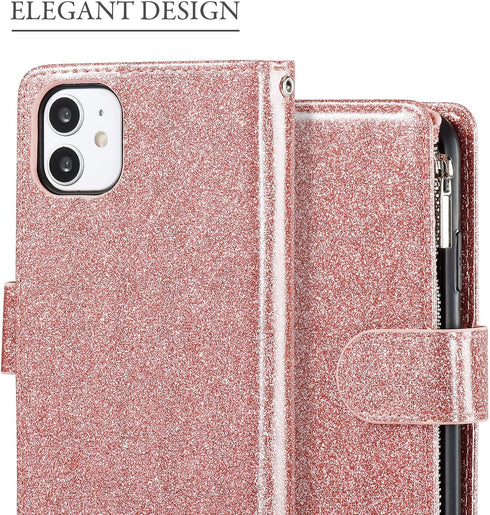UEEBAI Wallet Case for iPhone 11, PU Leather Wallet Magnetic Closure Handbag Zipper Pocket Kickstand Card Slots with Hand Strap Glitter Flip Case ...