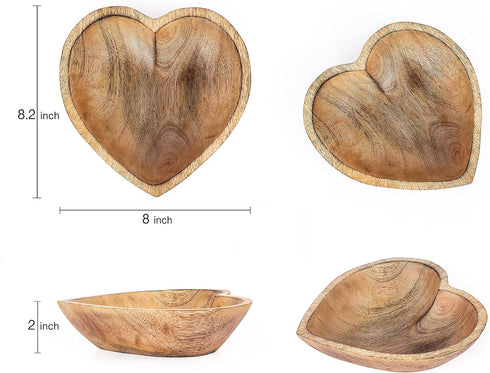 WitnyStore Heart Shaped Wood Bowl 8" Brown Handcrafted Wooden Bowls Collectible Functional Serving Tray Dish Plate Hand Made Decorative Tableware ...