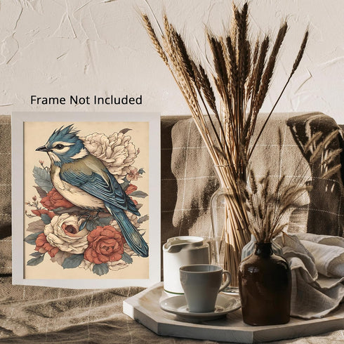 Posterizer 1 pcs- Blue bird standing on red and white flowers-Art for Animal Lovers-Floral Botanical Art- Gift for Men Women Teens-Decor for Home...