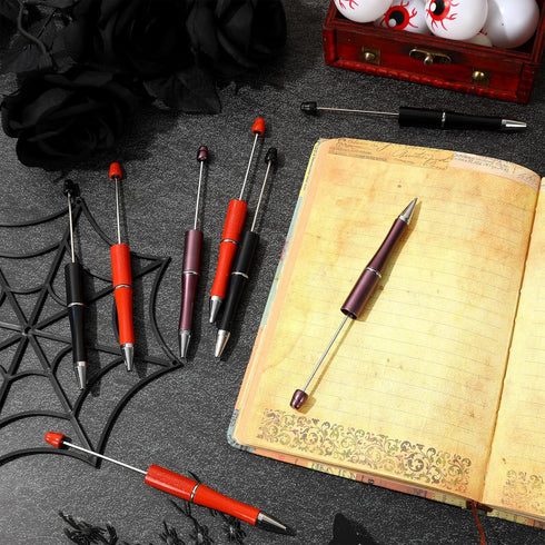 Whaline 24Pcs Halloween Beadable Pen Orange Purple Black Bead Ballpoint Pen Gel Ink Pen Retractable Writing Pens Beaded Crafting Pens with Extra R...