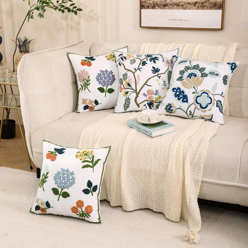 Embroidered Decorative Throw Pillow Covers 18x18 Inch Pack of 2, Farmhouse Spring Tree Flower Pillowcase for Living Room Sofa Bed...
