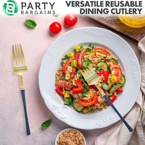 Party Bargains Disposable Plastic Navy Gold Salad Forks, Infinity Modern Design Utensils, 20 Pack...