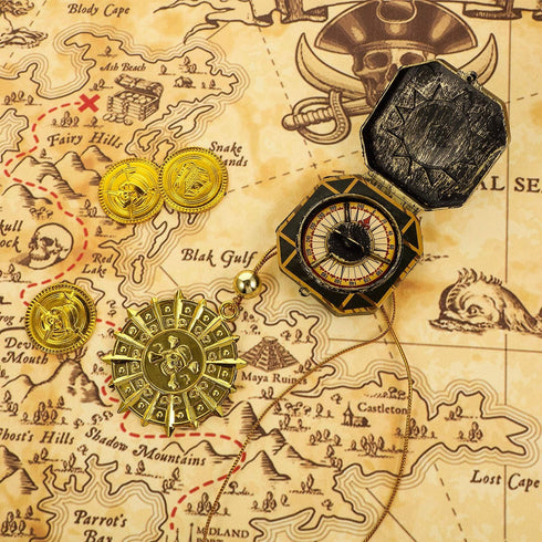 Gejoy Halloween Detailed Pirate Treasure Map Vintage Gold Secret Sea Historical Theme Party Accessory, Compass Necklace Plastic Coins Toy Pirate T...