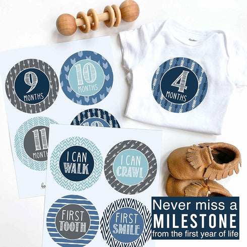 Hadley Designs 16 Monthly Baby Milestone Stickers Boy-Blue Baby Monthly Milestone Stickers for Baby Boy...