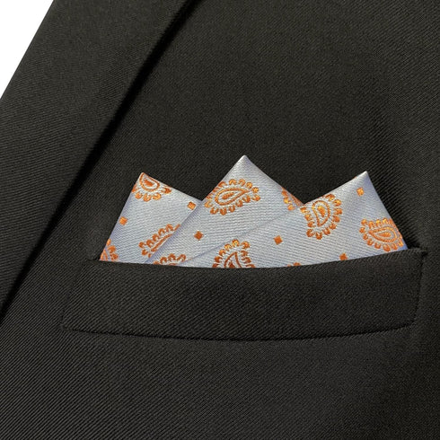S&W SHLAX&WING Foulard Mens Pocket Squares Silver Orange Paisley for Party...