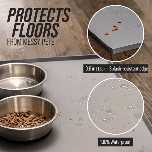Leash Boss Dog Food Mat for Food and Water Bowls, Waterproof Silicone Pet Feeding Mat for Floors, Extra Tall Raised Edges, Cat and Dog Placemat fo...