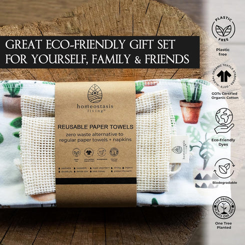 | Reusable Paper Towels with Cotton Wash Bag | Plant Love 12 x Washable Eco Friendly Paperless Paper Towels Napkins Cloth Kitchen Washable Reusabl...