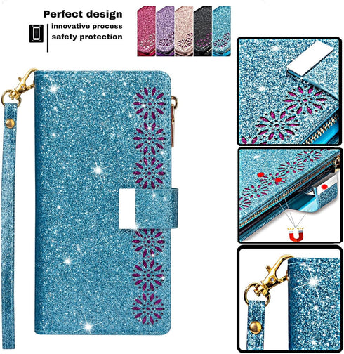 Phone Case for Samsung Galaxy Note 10 Plus Note10+ 5G Wallet Cover with Screen Protector and Wrist Strap Bling Glitter Flip Zipper Card Holder Cel...