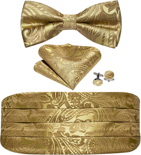 Barry.Wang Men Silk Paisley Cummerbund and Pre-tied Bowtie Handkerchief Cufflink Set for Tuxedo...