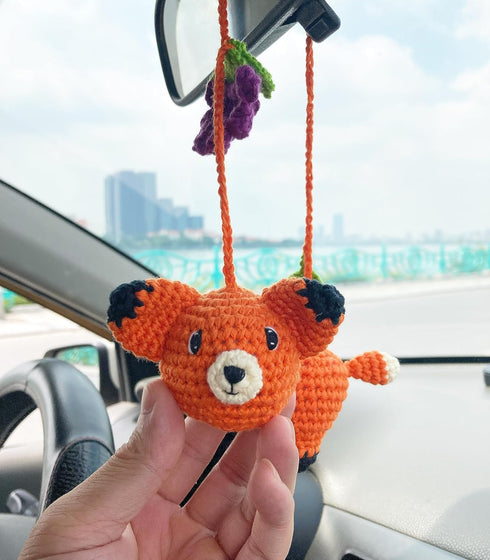 BUNNY Crochet Fox Car Rear View Mirror Holder, Cute Fox Car Hanging Ornament, A Gift for Fox Lovers Car Hanging, Crochet Lovely Fox Bag Ornament, ...