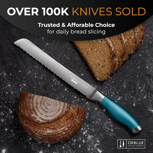 Orblue Serrated Bread Knife Ultra-Sharp Stainless Steel Professional Grade Bread Cutter - Cuts Thick Loaves Effortlessly - (8-Inch Blade with 5-In...