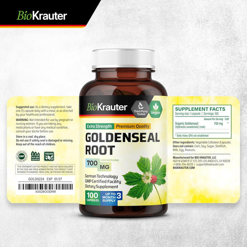 BIO KRAUTER Goldenseal Root Capsule 700 mg - 100 Golden Seal Powder Caps - Respiratory & Digestive Support - Vegan, No Fillers...