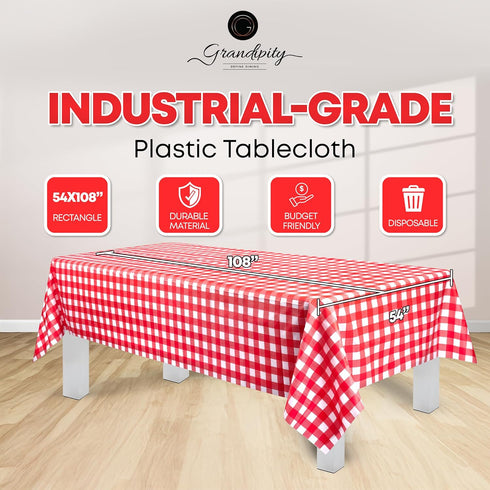 Grandipity 12 Pack Premium Disposable Plastic Picnic Tablecloth 54 Inch. x 108 Inch. Decorative Rectangle Table Cover - Red Checkered Gingham...