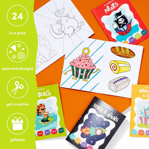 THE TWIDDLERS - 24 Pack 6 Themes Bulk Mini Coloring Books for Kids Ages 3+, includes Castles Dragons Space Pirate Baking Beach - Coloring Book Par...