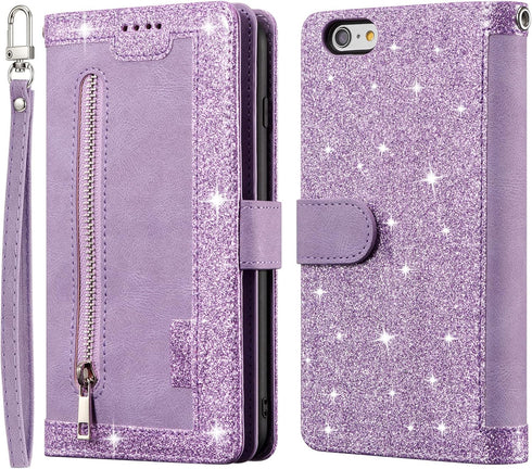 UEEBAI Wallet Case for iPhone 6 6S, Retro 9 Card Slots Zipper Pocket Handbag Case PU Leather Magnetic Closure Kickstand with Wrist Strap TPU Flip ...