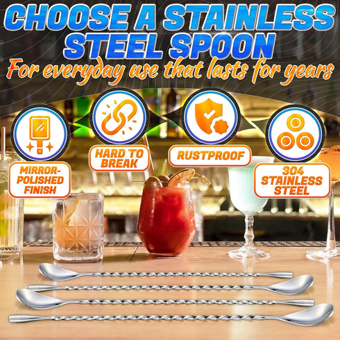 4 Pcs Bar Spoon Cocktail Stirrers – 12'' Long Spoons for Stirring | Stainless Steel with Polished Surface, Easy to Clean –Professional & Home Use,...