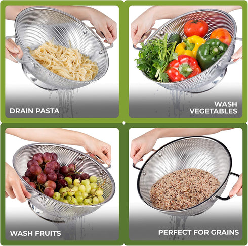 Stainless Steel Micro-Perforated 5-Quart Colander - Professional Strainer with Heavy Duty Handles and Self-draining Solid Ring Base - Dishwasher S...