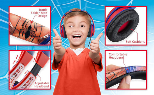 Spiderman Kids Headphones, Adjustable Headband, Stereo Sound, 3.5Mm Jack, Wired Headphones for Kids, Tangle-Free, Volume Control, Foldable, Childr...