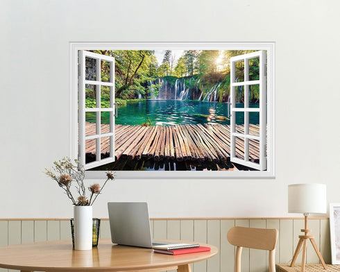 FLFK Fake Window Wall Mural - Waterfalls in The Jungle Faux Window Wall Sticker for Wall Decor, Stick and Peel Wall Decals,48"x32",Set of 2 Sheets...