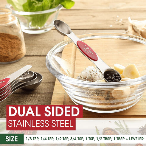 Spring Chef Red Stainless Steel Magnetic Measuring Spoons Set of 8 with Leveler, Dual Sided Nesting Teaspoon & Tablespoon Measuring Spoons, Kitche...