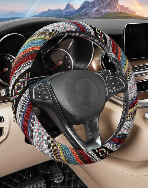 SEG Direct Boho Steering Wheel Cover with Baja Blanket Cloth, Ethnic Style Auto Wheel Cover Made of Coarse Flax, Fits 14 1/2-15 1/4 inches Car Whe...