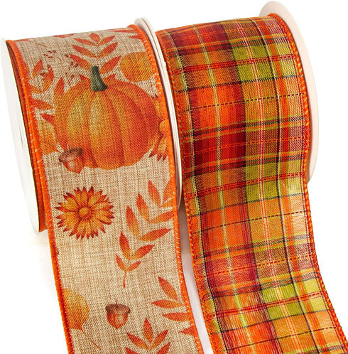 Ribbli Fall Ribbon Wired 2 Rolls 2.5 Inch Total 60 Feet(20 Yards), Fall Pumpkin Thanksgiving Ribbon for Wreaths, Big Bows, Autumn Gift Wrapping, O...