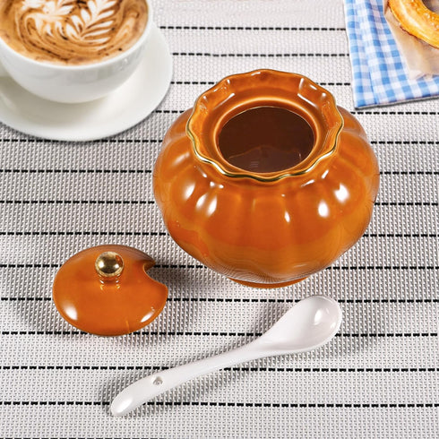 Ceramic Covered Salt Bowl Sugar Container Spice Box Seasoning Jar with Lid and Spoon for Home and Kitchen Coffee Bar, 9 OZ, Orange...