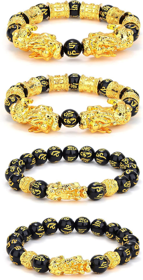Udalyn 4 Pcs Feng Shui Black Obsidian Wealth Bracelet for Men Women Good Luck Charms Bead Bracelets Attract Wealth Money Adjustable Mens Pixiu Bra...