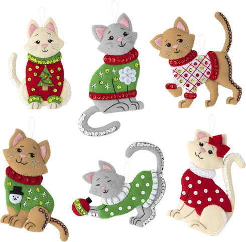 Bucilla Felt Applique 6 Piece Ornament Making Kit, Cats in Ugly Sweaters, Perfect for DIY Arts and Crafts, 89381E......
