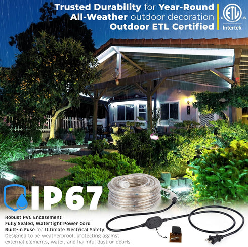 WYZworks 216LEDs 20ft LED Outside Rope Lights, Outdoor ETL Certified Waterproof Permanent 360 Degree Light Emitting, Flexible Tube, Connectable, C...