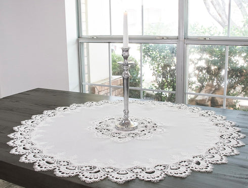 Linens, Art and Things European White Lace on Ivory Table Topper, Small Tablecloth (33 Inch Round)...