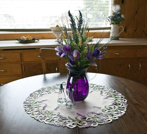 Linens, Art and Things Embroidered Purple Lavender Lilac on Ivory Large Doily, Small Tablecloth (24 Inch Round)...