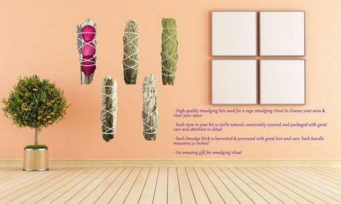 Smudge Sticks Sampler - 1 White Sage with Rose and Lavender, 1 Rosemary, 1 Cedar, 1 Sweetgrass White Sage and 1 Black Sage...
