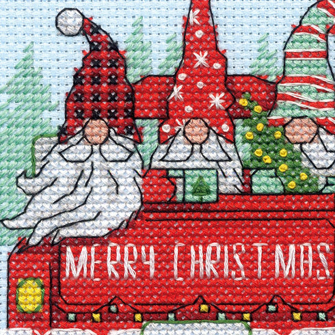 Dimensions Red Truck and Holiday Gnomes Christmas Counted Cross Stitch Kit, 6" D, 14 Cnt. Light Blue Aida 6 Piece...